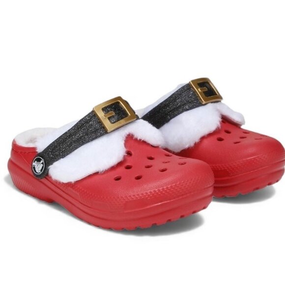 Crocs Classic Lined Santa Clog Kids J2 Red Black Fuzzy Holiday Christmas Slipper - Picture 2 of 11
